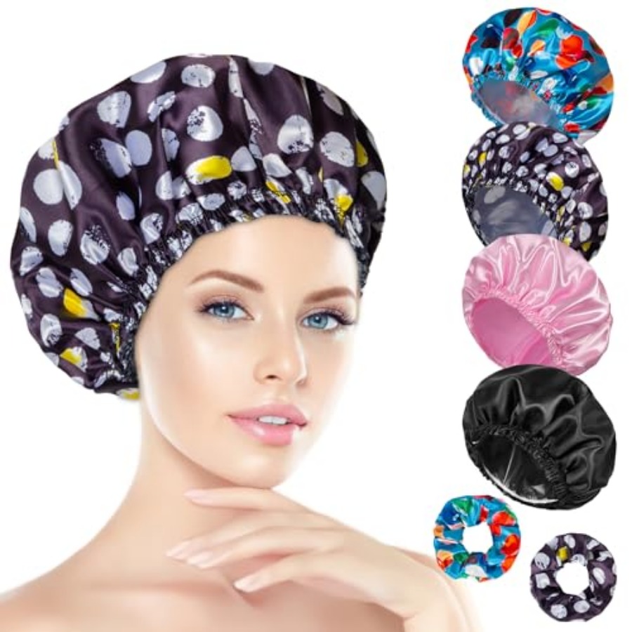 Scrunchie Satin Set - Duschhauben für Damen, 4er-Set, Badekappen, Doppellagige