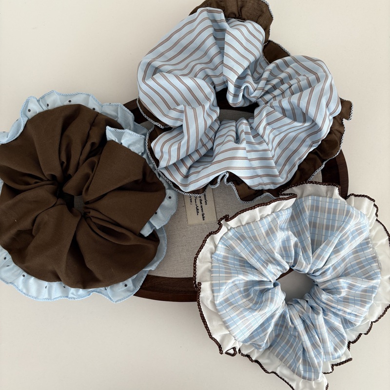Hair Tie Velvet - Wunderschönes braun-blaues Colorblock-Haargummi mit Spitzenbesatz, großes