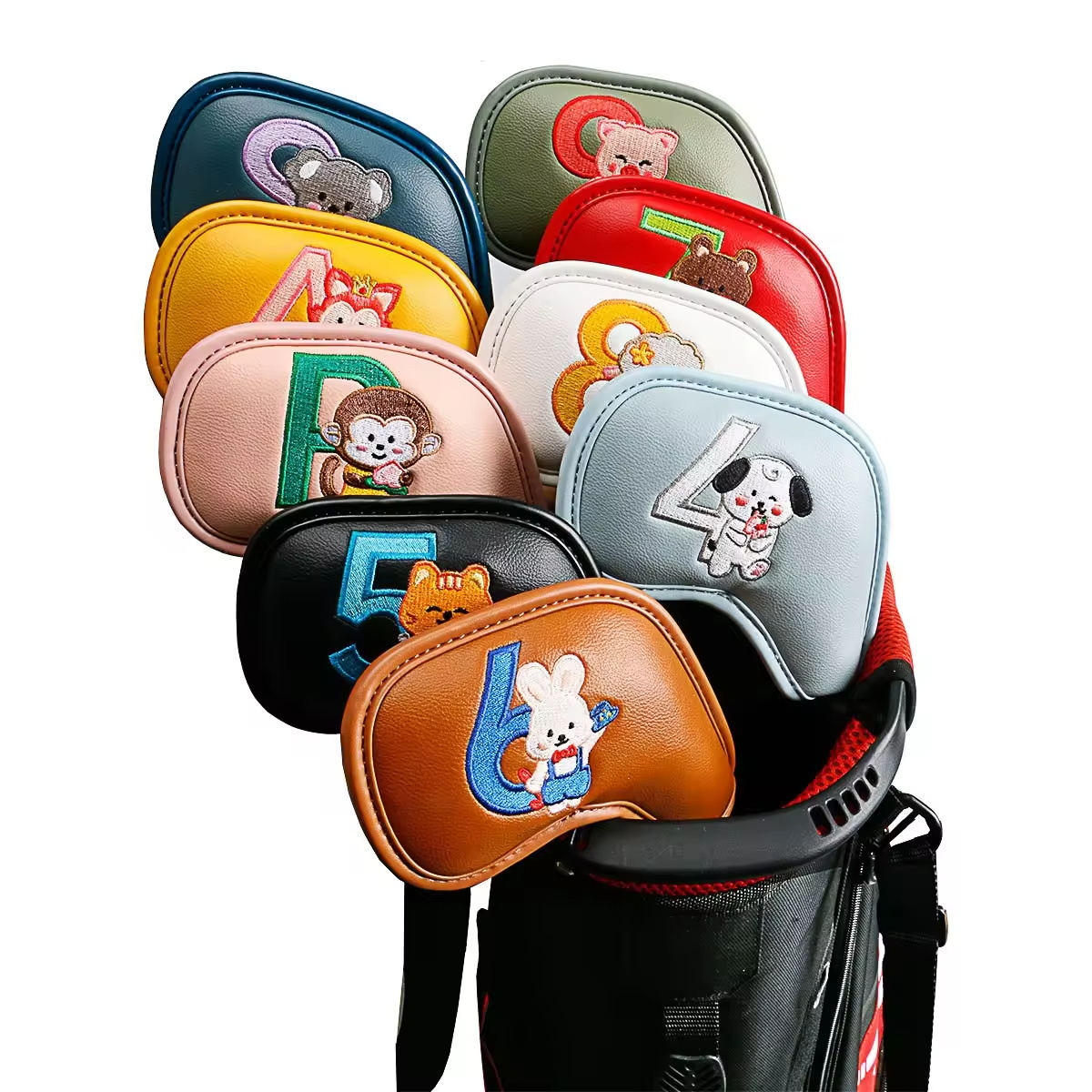 Women'S Golf Accessories - 9-teiliges Set Niedliche Cartoon-Tier Golf-Eisenkopfhüllen, PU-Leder