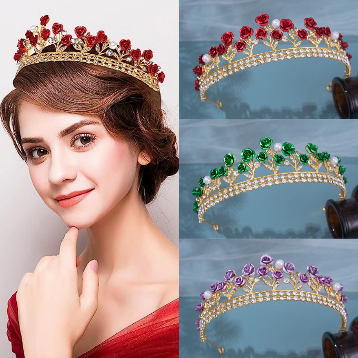 Women Accessories Jewelry - Barocke Keramik-Brautkrone Strass-Diadem Haarschmuck Kristall-Perlen-Rosenkrone Tiara